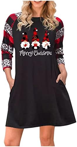 NOKMOPO Noel Elbiseler Kadınlar için Baskılı Yuvarlak Boyun Tunik Slim Fit Cep Uzun Kollu Artı Boyutu Noel Elbiseler