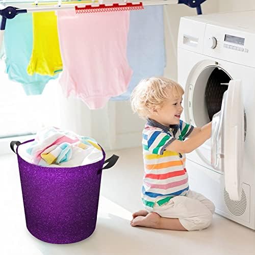 Çamaşır sepetleri Parlak Mor Glitter baskılı Katlanabilir Su Geçirmez çamaşır sepeti Kolları ile Yuvarlak Kirli Giysiler