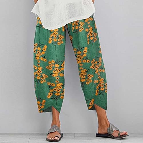 Kadın kapri pantolonlar, Pamuk Keten Elastik Bel Geniş Bacak Gevşek Fit Yoga Kapriler Rahat Çiçek Kırpılmış Pantolon