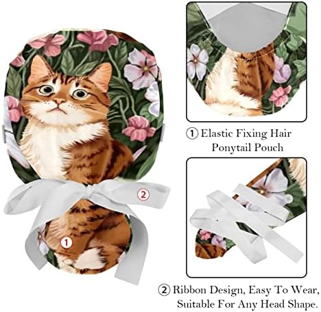 İş Şapkası Turuncu Kedi Çiçek Baskılı Saçlar için Koruyucu Kapaklar Düğmeli Nefes Alabilen Ter Emici At Kuyruğu Şapka