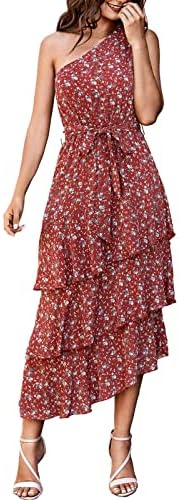 ıCODOD Elbise kadın 2023 Yaz Çiçek Rahat Bir Omuz Kravat Bel Katmanlı Fırfır Çiçekli Plaj Boho Uzun Elbiseler kadınlar