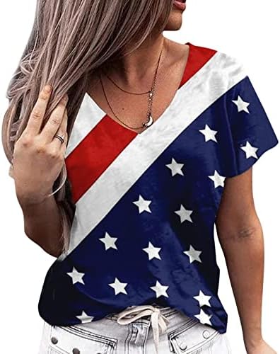 Vatansever Gömlek Kadınlar için Amerikan Bayrağı Yaz Kısa Kollu V Yaka T-Shirt Kravat Boya Yıldız Gevşek Fit Casual
