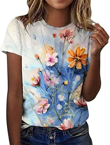 Kadınlar için yaz Üstleri Bayan Grafik T Shirt Büyük Boy Tees Casual Çiçek Gömlek Vintage Tops Ekip Boyun Sevimli