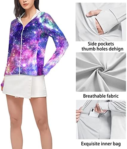 POLERO Soyut güneş gömleği Kadınlar için Uzun Kollu UV Koruma fermuarlı kapüşonlu kıyafet Soğutma Yaz Ceket Başparmak