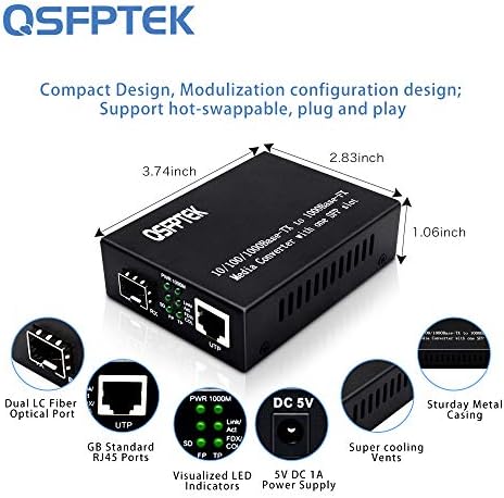 QSFPTEK Gigabit Ethernet Ortam Dönüştürücü, Çok Modlu Çift LC Fiber, 1x10/100 / 1000Base-T RJ45 ila 1x 1000Base-SX