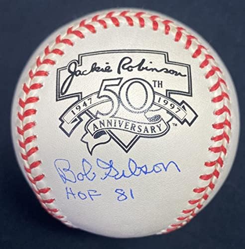 Bob Gibson HOF 81 İmzalı Jackie Robinson Logolu Beyzbol JSA İmzalı Beyzbol Topları