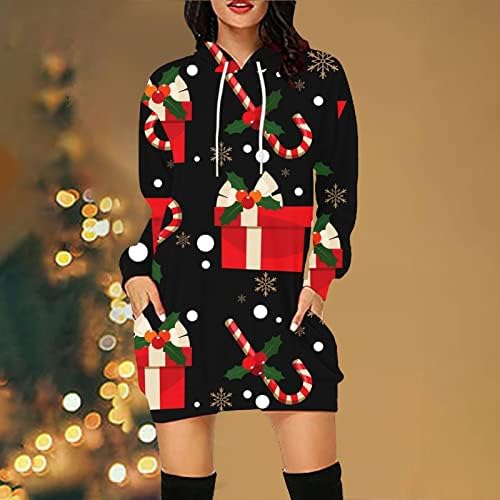 Çirkin Noel Kazak Elbise Kadınlar için Sevimli Yenilik Baskılı Uzun Kollu kapüşonlu elbise Uzun Kazak Üst Cepler