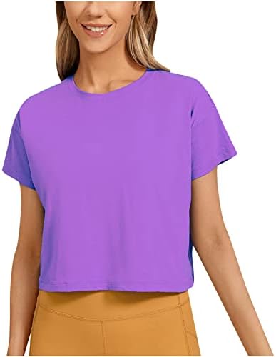 Kadın Yaz Kısa Kollu Sevimli Kırpma Üstleri Rahat Temel Crewneck Düz Renk Slim Fit T-Shirt