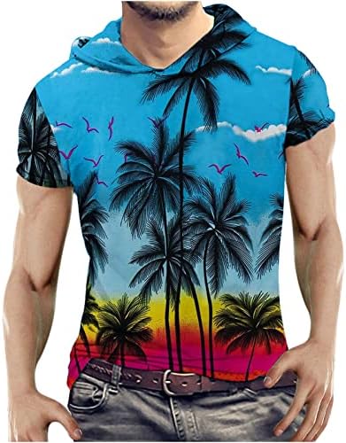 Erkek Rahat Kapşonlu T-Shirt Hawaii Plaj Gömlek Grafik Baskı Kısa Kollu Yaz Üst Moda Kazak Bluz