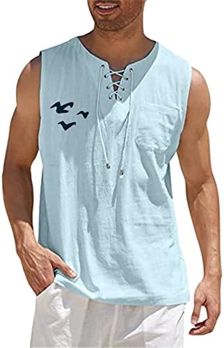 ZDDO Erkek Pamuk Keten Tankı Üstleri Kolsuz Gömlek İpli V Boyun Grafik Baskı Rahat Rahat Fit Plaj Hippi Yelek