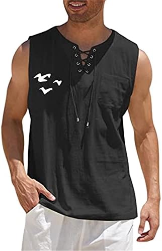 ZDDO Erkek Pamuk Keten Tankı Üstleri Kolsuz Gömlek İpli V Boyun Grafik Baskı Rahat Rahat Fit Plaj Hippi Yelek