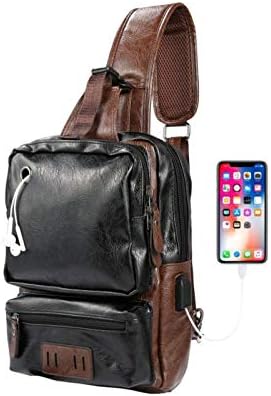 Erkek tek kollu çanta, Crossbody PU Deri Omuz Sırt Çantası ile USB şarj portu, Vintage Göğüs Çantası Erkekler için