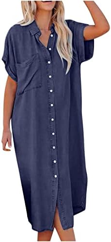 Bayan Denim Gömlek Elbise Moda Uzun Kollu Düğme Aşağı Shift Elbise Rahat Gevşek Vintage Jean Uzun Maxi Elbise