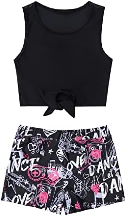 Nimiya Çocuk Kız Atletik Tankini Kıyafet Kırpma Üst Alt Bale Dans Jimnastik Atletik Giysiler Siyah Müzik Tipi 2 10