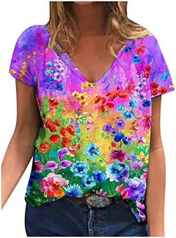 Kadın Batik Üstleri, Yaz 2023 V Boyun Tshirt Moda Bluzlar Kelebek Baskı T Shirt Tees Kısa Kollu Tunikler Sevimli