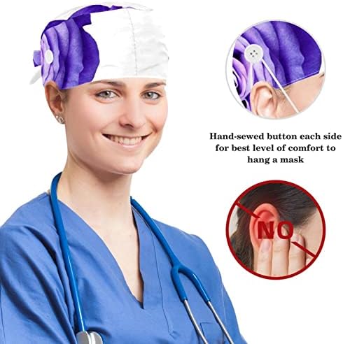 Düğmeli Ayarlanabilir Çalışma Başlığı, Mor Çiçek Cerrahi Başlık Ter Bandı, Fiyonklu Şapkaları Geri Bağlayın Saç Tokası