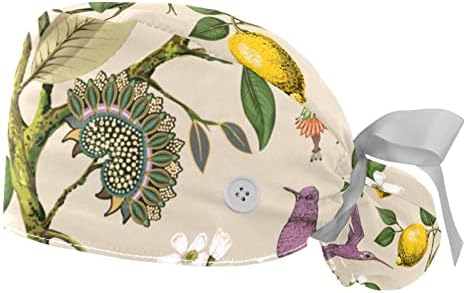 Kadın Fırçalama Kap Uzun Saç Kapağı, Estetik Limon Ağacı Kuşlar Hemşire Çalışma şapka kurdele ile