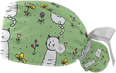 Kadınlar için Ter Bandı ile 2 Paket Çalışma Kapakları, Kedi Bahçe Desen At Kuyruğu Kese Fırçalayın Şapkalar