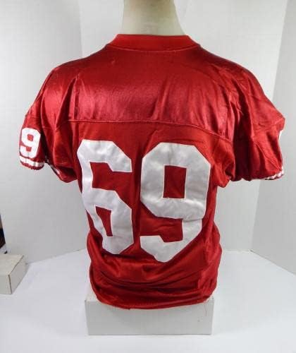 1990'ların başı San Francisco 49ers 69 Oyun Kullanılmış Kırmızı Forma 52 DP32928-İmzasız NFL Oyun Kullanılmış Formalar