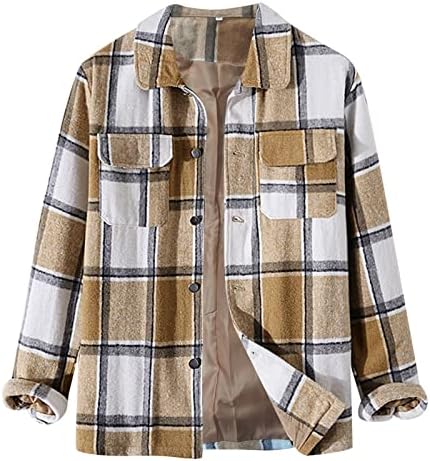 XXBR Erkek Ekose Ceketler Gömlek Tek Göğüslü Düğme Aşağı Kontrol Shacket Güz Kış Iş Rahat Gömlek Giyim