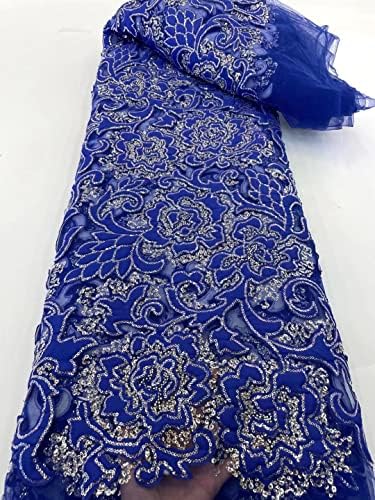 MARHAFABRİC Kraliyet Mavi Fransız El Yapımı Lüks Boncuk Afrika Dantel Sequins 5 Yards Tül Kumaş Dantel düğün elbisesi