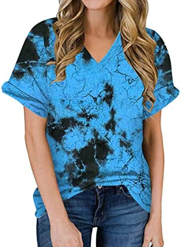 Kadınlar için Yaz Batik Gökkuşağı Baskılı V Boyun Kısa Kollu Tee Gömlek Vintage Grafik T Shirt Gevşek Bluz